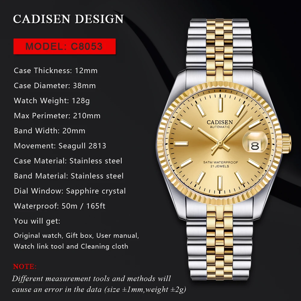

CADISEN 38mm Mechanical Watch Men Automatic Luxury Sapphire Crystal Luminous Date 50m Waterproof Silver Gold Steel Watch for Men