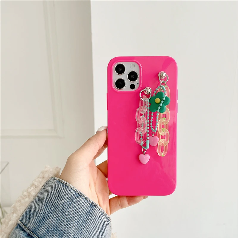 

Fashion Fluorescence Flower hand Chain case For iphone 12 11 Pro Max 7 8 plus 12 mini X XR XS Max SE 2020 Luxury Capa Cute Cases