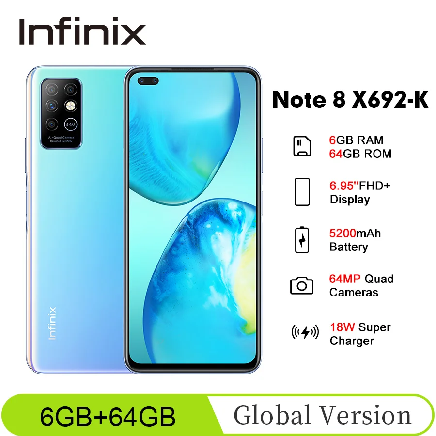 Глобальная версия Infinix Note 8 X692-X 6 ГБ 64 Гб 95 ''HD + 20 5: 9 18 Вт быстрый заряд Helio G80 Octa