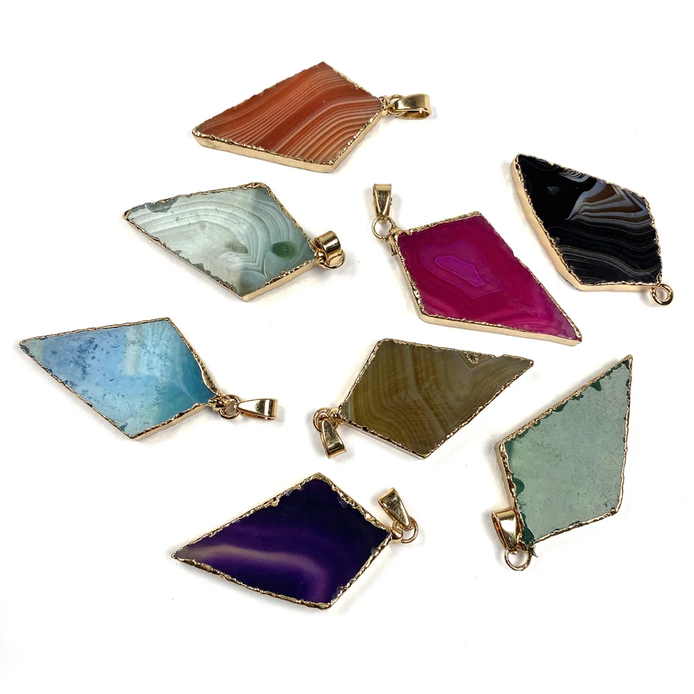 

Natural Agates Pendant Rhombic Colorful Geode Agates Stone Charms Gold Plated Edge for Jewelry Making Necklace Bracelet Gift