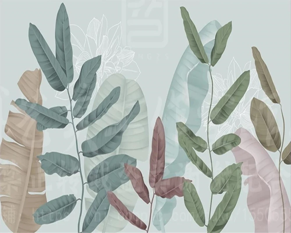 

3d Green Leaf Wallpaper Nordic Hand-painted Modern Plant Flower Leaf TV Background Wall Interior Decorative 3d Mural Wallpaper