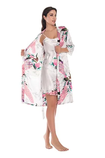 

2 Piece Set Women Silk Peacock Kimono Robes Sexy Lingerie Women Wedding Party Bridesmaid Robe Satin Nightgown Bathrobe Pijam