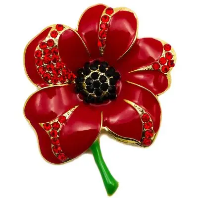 

Red Enamel and Rhinestone Crystal Poppy Flower Brooch with Green Stem