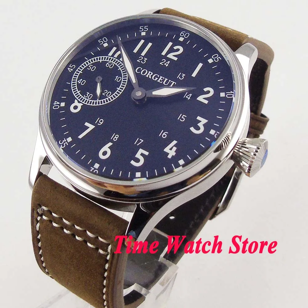 Винтажные 44 мм Corgeut мужские часы с черным циферблатом белые светящиеся знаки 17