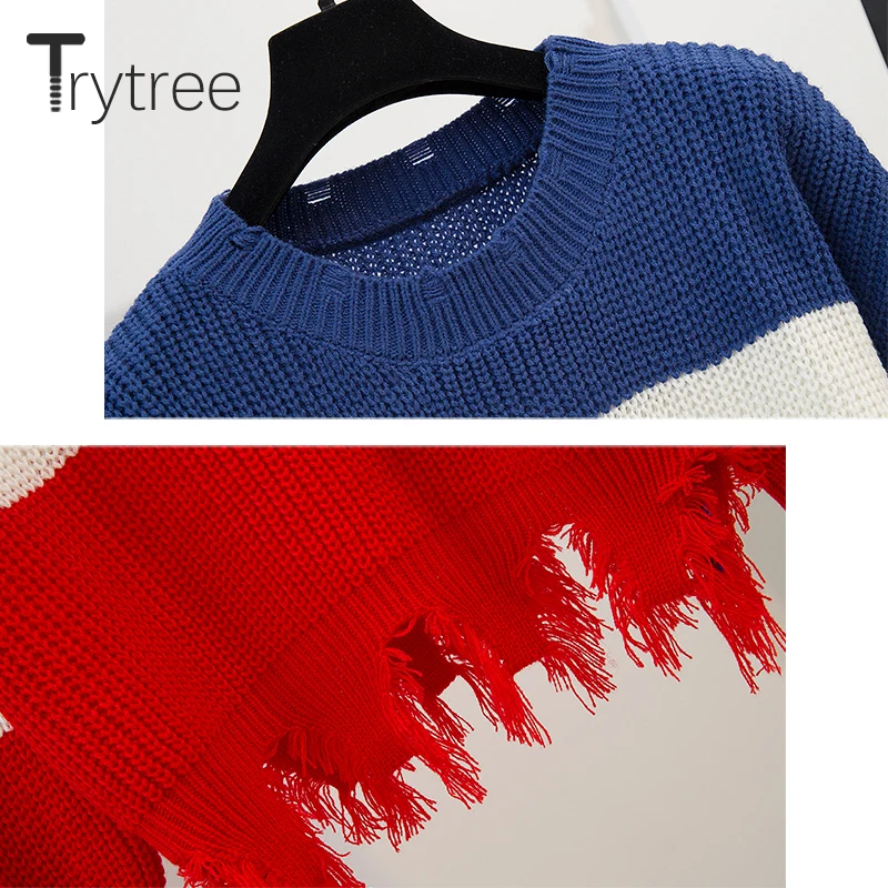Trytree Autumn Winter two piece set Casual Spliced Loose Knitwear Sweater + Skirt Drawstring Fashion Office Lady Set 2 Piece Se | Женская