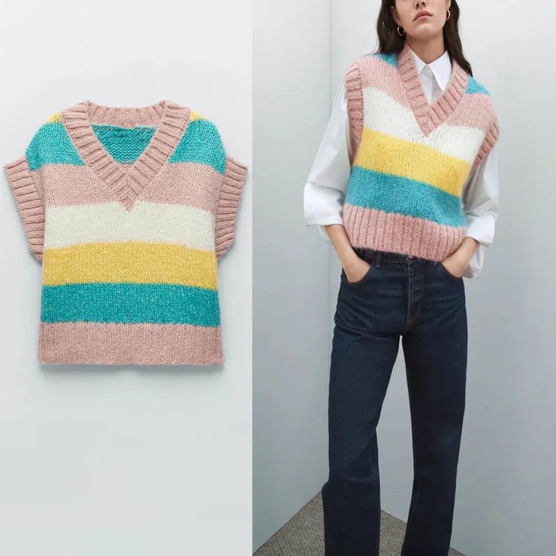 

Женский трикотажный жилет в рубчик ZA, свитер без рукавов с V-образным вырезом, милый вязаный Топ, женская модная уличная одежда, облегающие с...