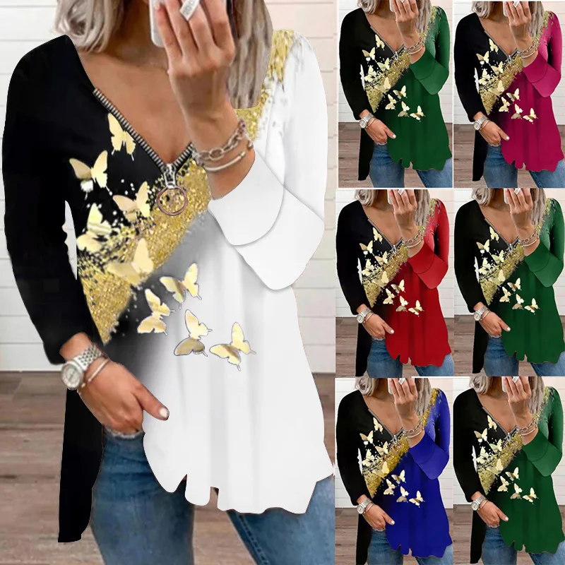 

Женская футболка на молнии, с круглым вырезом и длинным рукавом