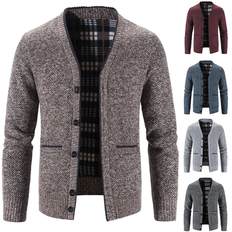 

New Coat Spring/Fall Men's Fleece Jacket V-neck Cardigan Warm Wool Sweater Fashion Handsome Button Up Long Sleeve Knitwear