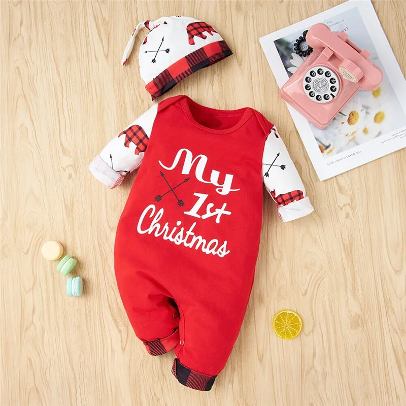 

0-24M Babys Two Piece Set Toddlers Animal Plaid Romper Round Neck Long Sleeve Standard Jumpsuit Hat for Newborn