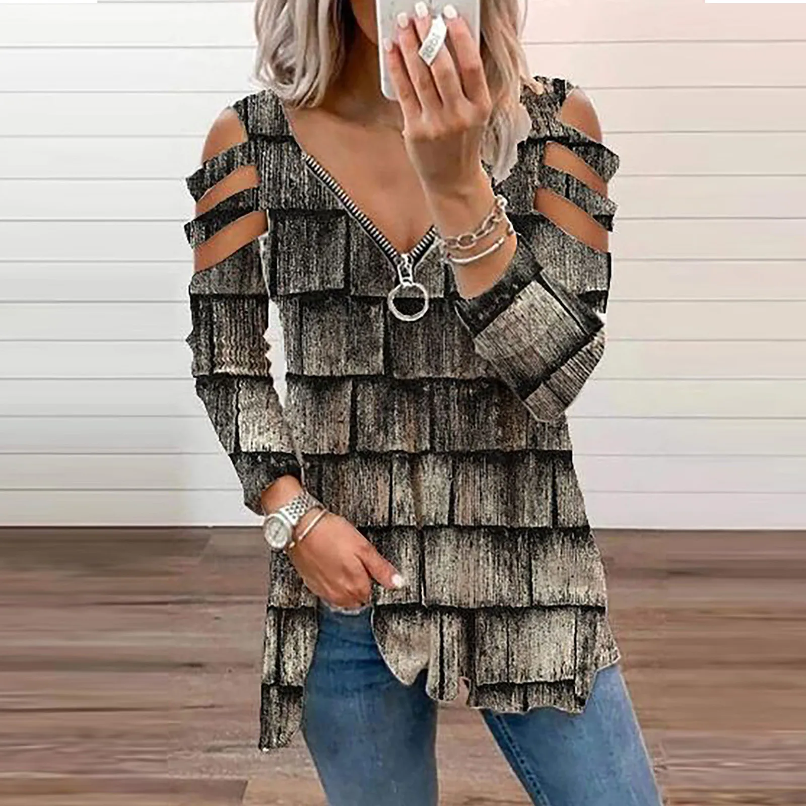 

Fashion Chic Hollow Out Long Sleeve Tops Lady Elegant Zip V-neck Solid Blouses Shirts 2021 Spring Casual Women Blusas Shirt
