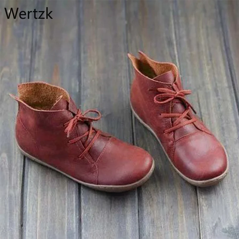 2020 Women Genuine Leather Ankle Boots Ladies Retro Shoes Woman Flats Lace Up Lightweight Soft Bottom Sewing Women's A721 | Обувь