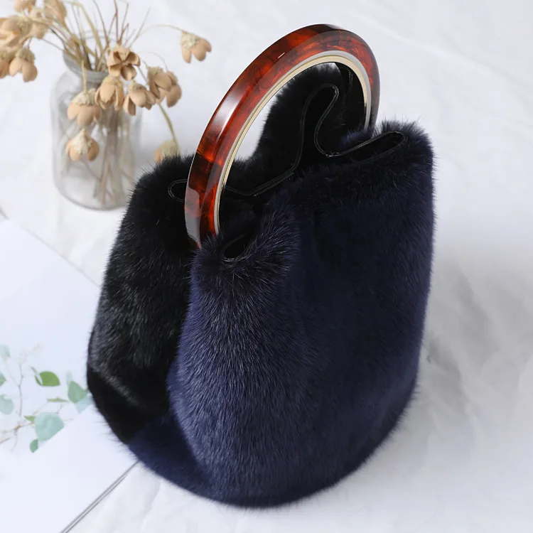 

High quality mink ring portable bucket bag new style for women in winter