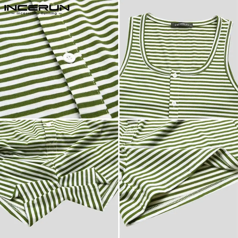 

INCERUN Striped Men Pajamas Playsuit Sleeveless Button Comfy Tank Tops Rompers Homewear Sexy Men Sleepwear Shorts Jumpsuit S-5XL