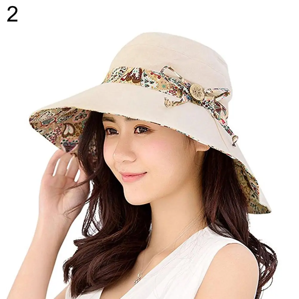 

Women Summer Beach Travel Bowknot Wide Brim Sun Hat Reversible Foldable Cap