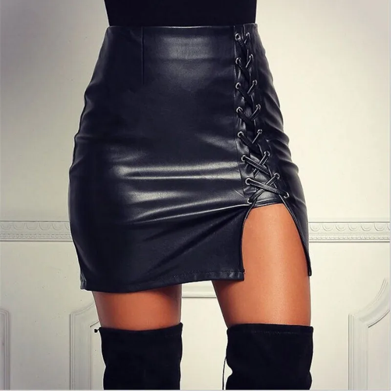 

New Hot Women PU Skirts Black Lace Hem Split Uncracked PU Leather High Waist Pack Hip For Females PU Mid-iskirts