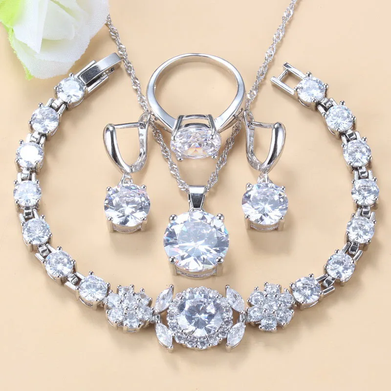 

Bridal 925 Silver Fine Jewelry Sets White Topaz Round Big Bracelet And Ring Sets For Women Wedding Accessories Gift