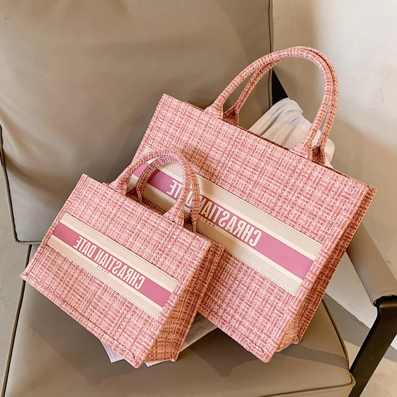 

Brand designer luxury women's pure color handbag shopping bag women's fashion handbags plaid canvas bag handbag short handle