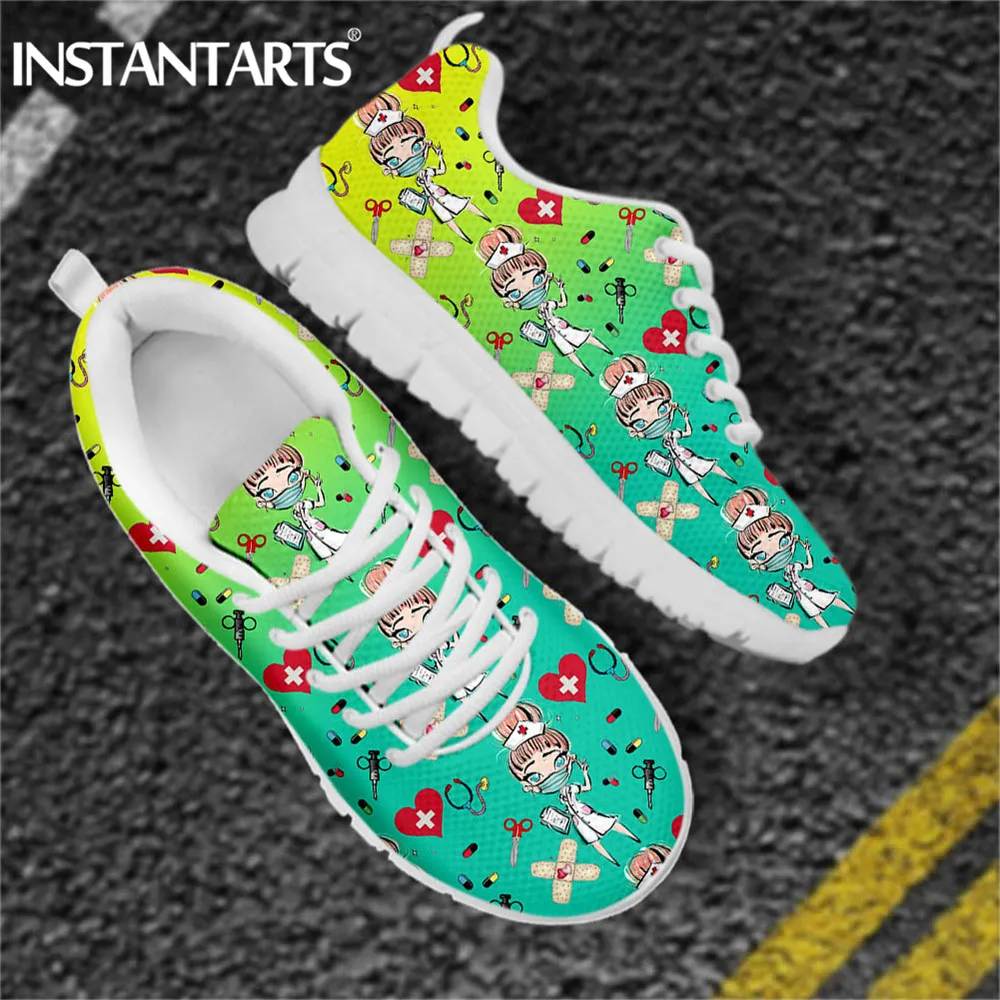 

INSTANTARTS Casual Gradient Nurse Shoes Breathable Comfortable Walking Mesh Lace-up Flats Sneakers 2021 Ladies Nursing Footwear