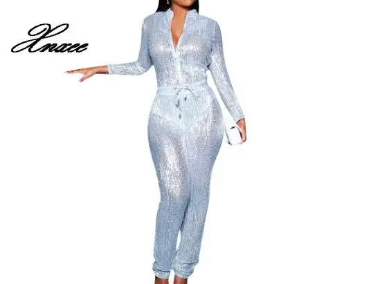 

Женский комбинезон с блестками, серебристо-красный комбинезон на молнии, с высоким поясом, с длинным рукавом, 2020