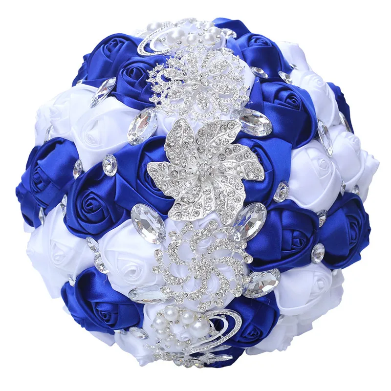 royal blue white WifeLai-A 21 см Большой Кристалл Свадебный букет ручной работы Королевский синий белый лента роза Свадебные букеты Buque Noiva W228 - Цвет: royal blue white