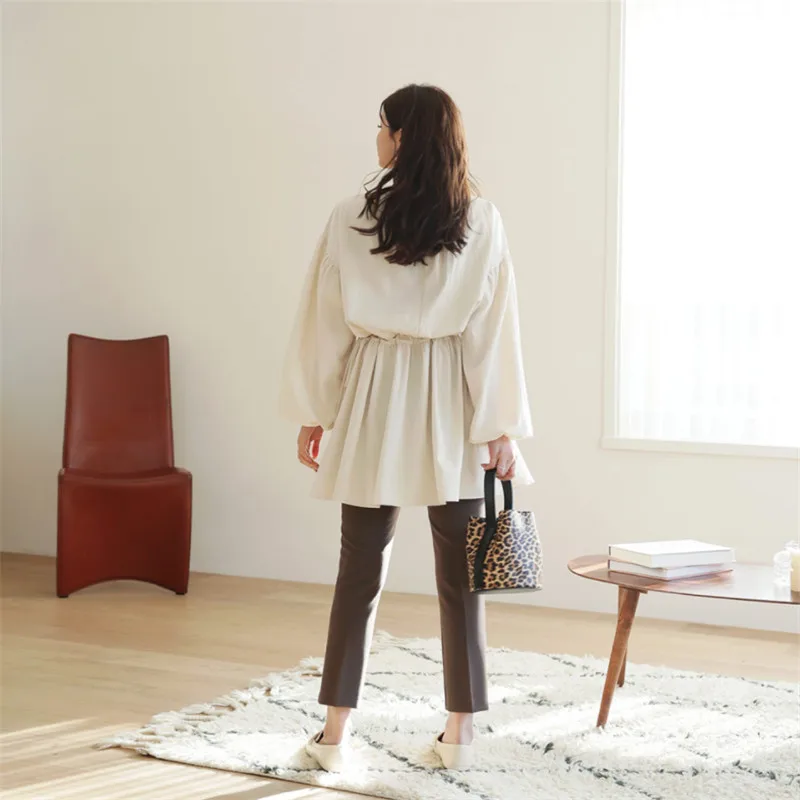 

RUGOD 2021 Korean Spring Round Neck Drawstring Temperament Long Shirt