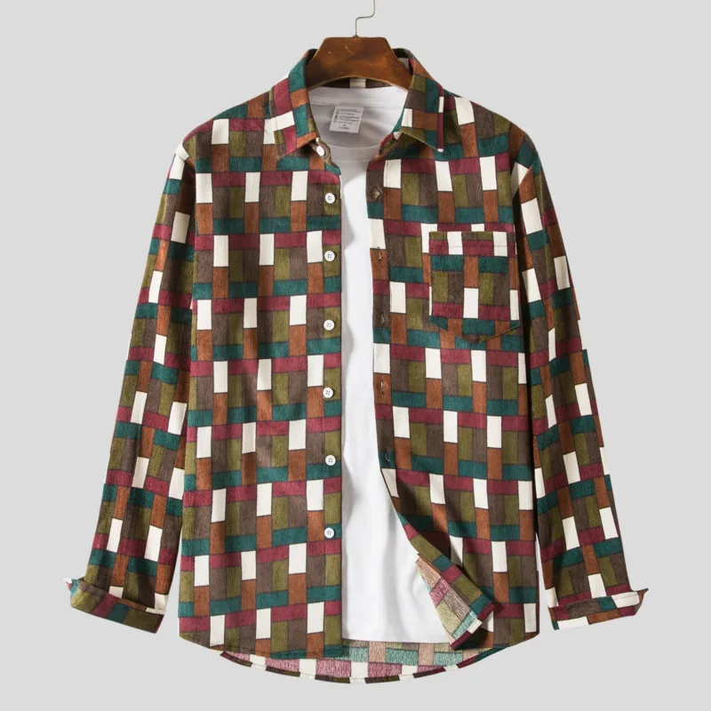 

2021 Autumn Winter Corduroy Plaid Shirt Long Sleeve Shirts Korean Woman Fashion Chest Pocket Casual Plus Size 5XL 6XL Male Shirt