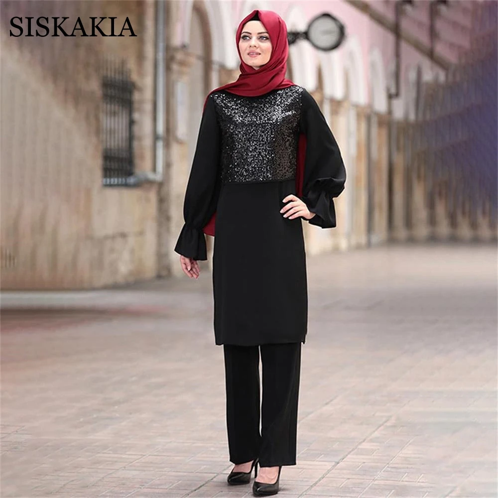 

Siskakia Indie Folk 2 Pieces Abaya Set for Women 2020 New Arabic Malaysia Solid Sequins O Neck Full Sleeve Tops and Long Pants