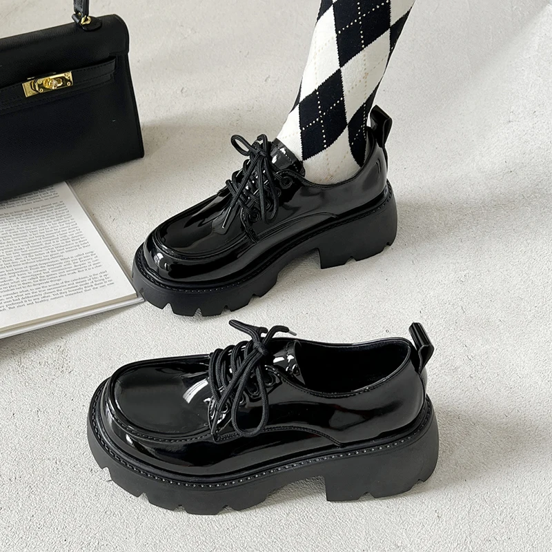 

Ботильоны Rimocy из лакированной кожи в британском стиле для женщин, весна-осень, модная обувь на платформе, женская черная Студенческая обувь ...