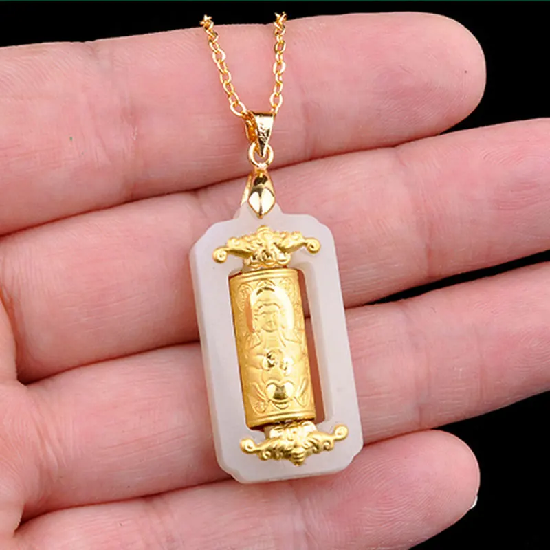 

24k Gold Inlaid Jade Buddha Pendant Necklace Men Women Genuine Natural Jades Guanyin Charms Lucky Amulet Girlfriend Mom Gifts