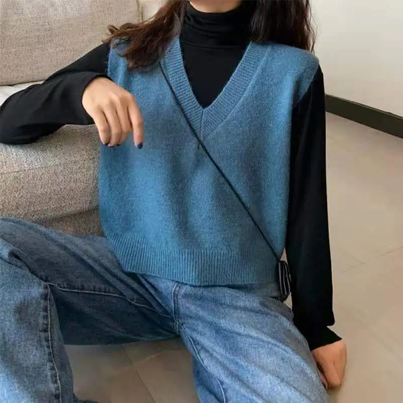 

2021 Female Fall Winter Thickened Camisole Loose Wear Warm V-Neck Sweater Women's Korean Solid Color Vest