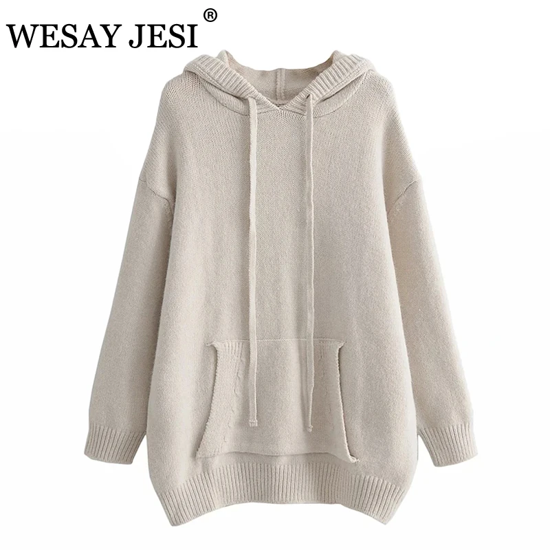 

WESAY JESI Hoodies New Women Loose Knitting Hoodie Sweatshirts Winter Kangaroo Pocket Ladies Pullovers Warm Pocket Hooded
