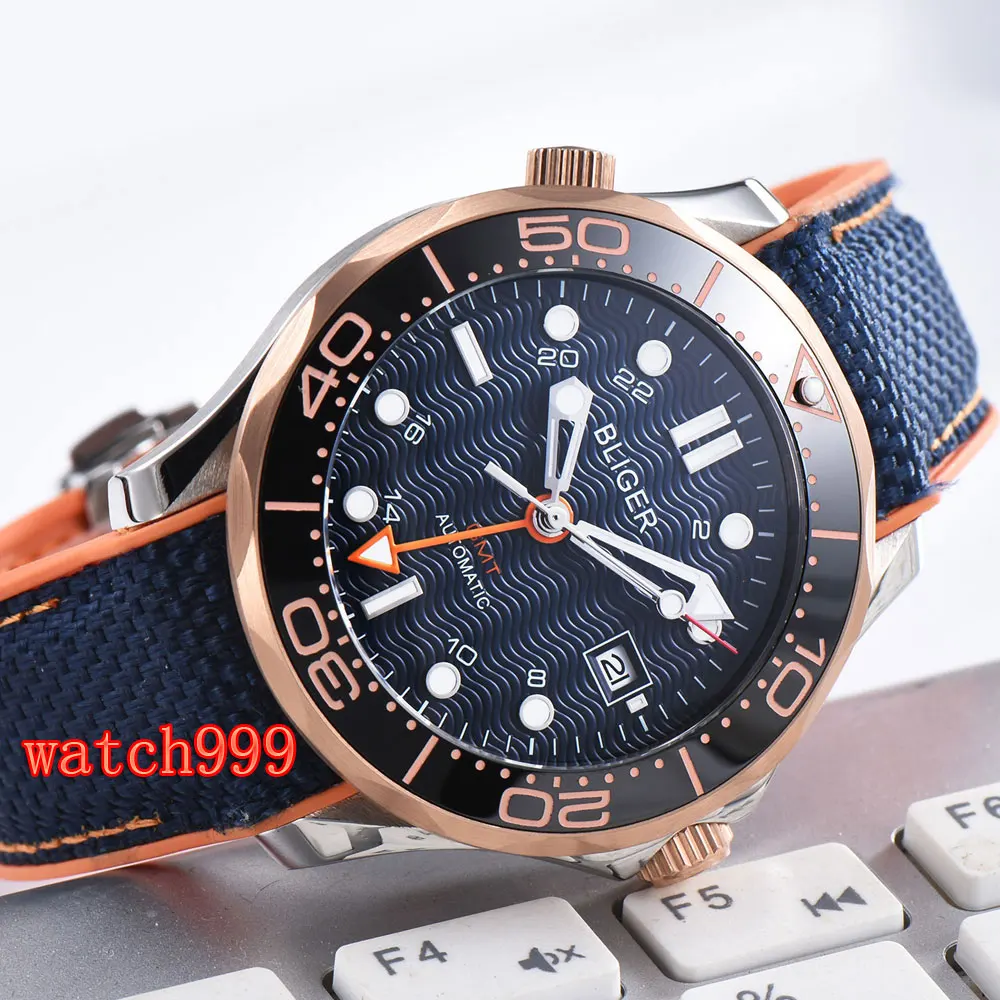 Bliger 41 mm Blue dial Automatic date Rose gold bezel fashion men's watches Rubber strap GMT automatic mechanical | Наручные часы