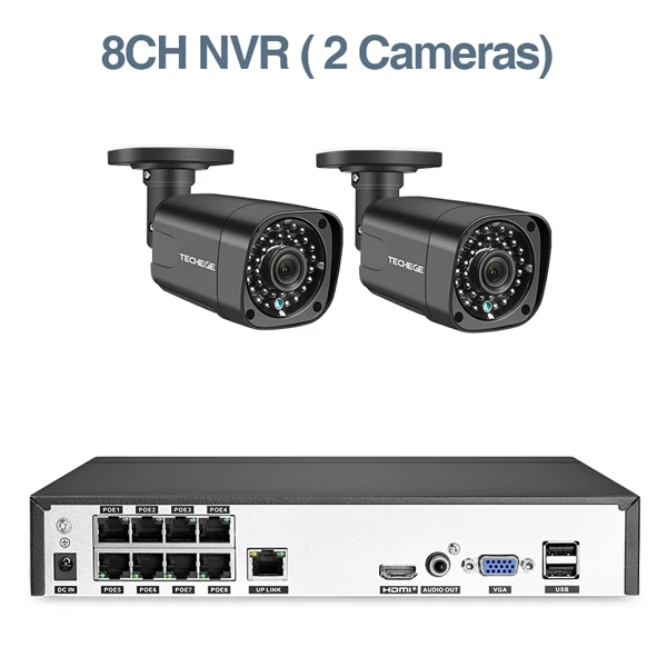 2pcs cameras Techege H.265 8Ch 4MP POE NVR CCTV камера системы 4MP POE ip-камера 2560*1440 Открытый водонепроницаемый комплект видеонаблюдения - Цвет: 2pcs cameras