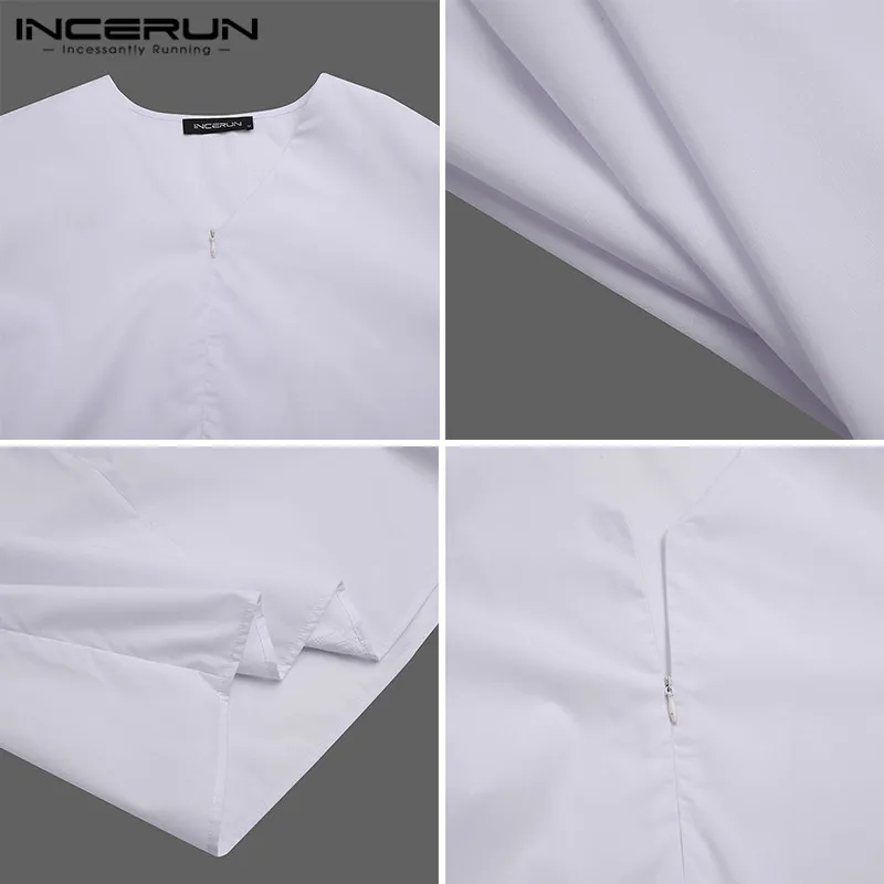 

INCERUN Men Casual Shirt Korean Style Solid Color V Neck Loose Fashion Blouse Lantern Long Sleeve Streetwear Chic Zipper Camisas