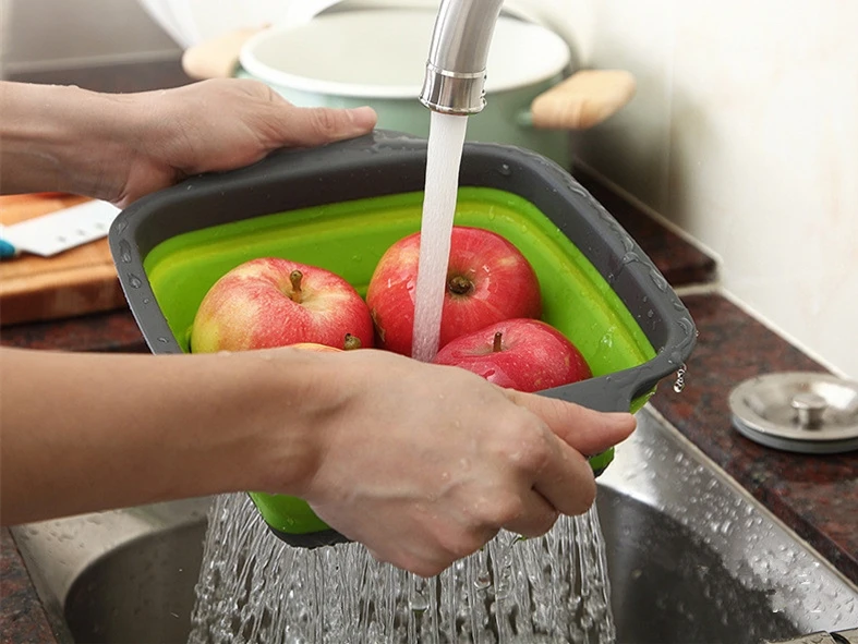 Квадратная сливная корзина складная для фруктов зеленых Экологически чистая