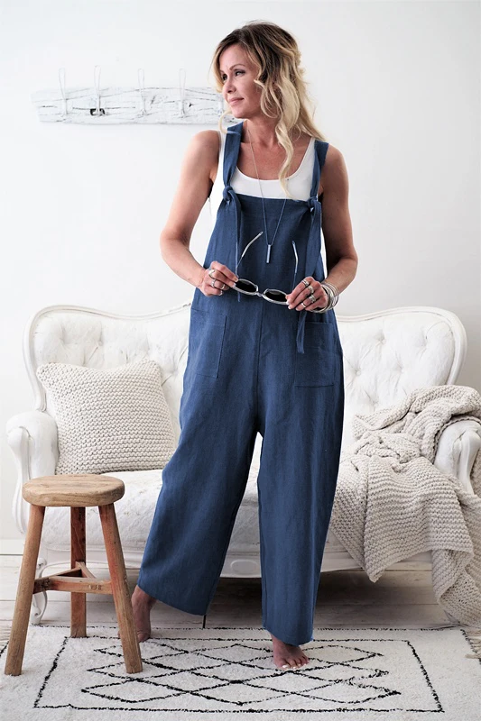 

Hot Sale Fashion Woman Cotton Linen Solid Pocket Romper Loose Jumpsuit Ladies Casual Playsuits Overalls Wide Leg Cropped Pants