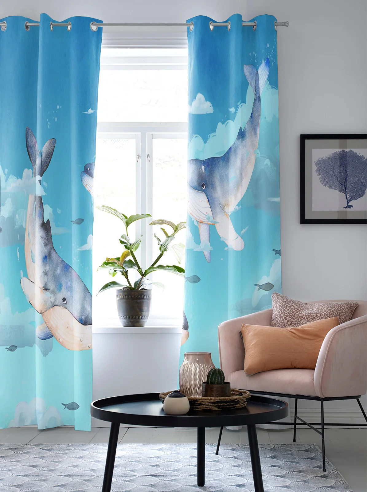 Шторы на окна с рисунком Кита белого облака голубого неба акварельные для