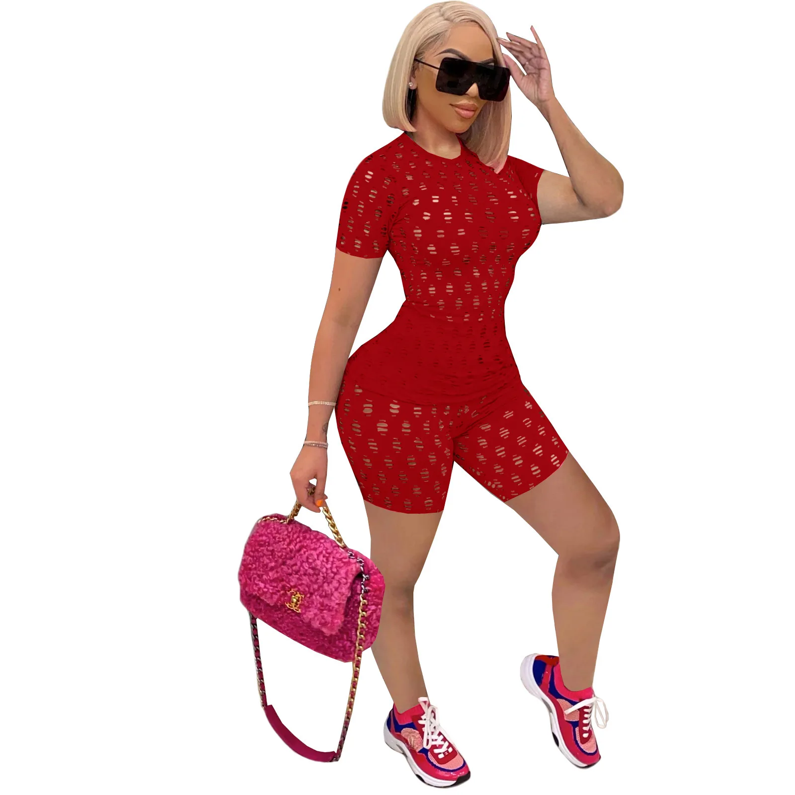 

Zoctuo Hollow Out Two Piece Sets For Women 2021 Summer Solid Women Set Tracksuit Short Sleeve T Shirt Skinny Shorts Pants Set