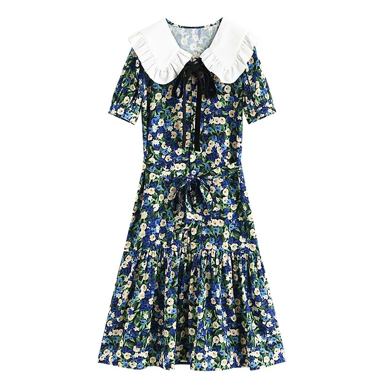 

Sister Fara Chic Print Floral Women's Dress 2021 Summer Ruffled Loose Lace Up Mid-Calf Dress Short Sleeve Casual Women's Dresses
