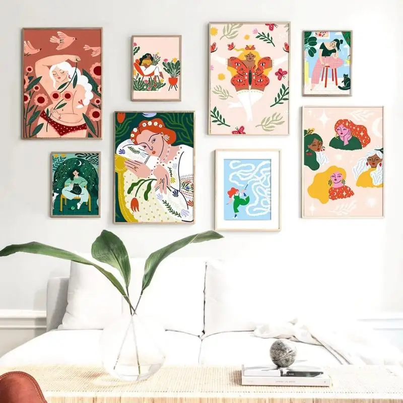 

Nordic Cartoon Girl Illustration Abstract Colorful Flower Plant Canvas Painting Modern Poster and Print Home Decoration Wall Art