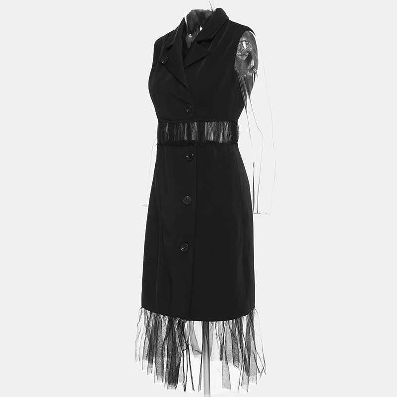 

GALCAUR Patchwork Mesh Windbreaker For Women Lapel Sleeveless High Waist Hit Color Vintage A Line Windbreakers Female 2020 Tide