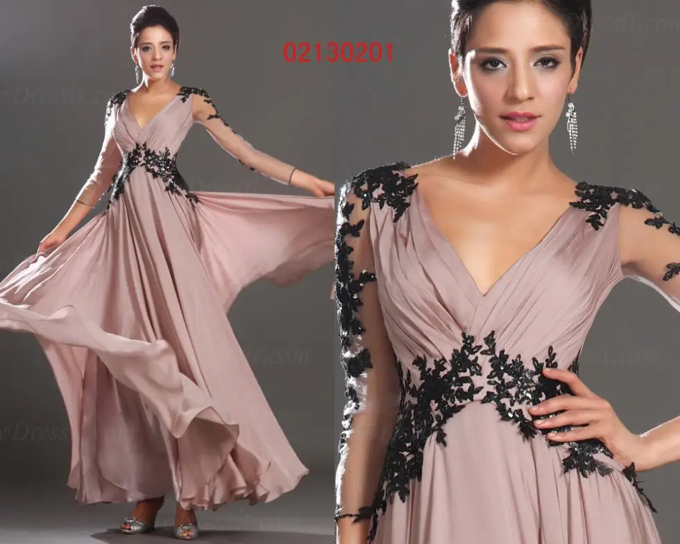 Vestidos robe de soiree пляжные чёрные Кружевные Аппликации три четверти рукава v-образный вырез Длинные платья для матери невесты - Цвет: same as picture