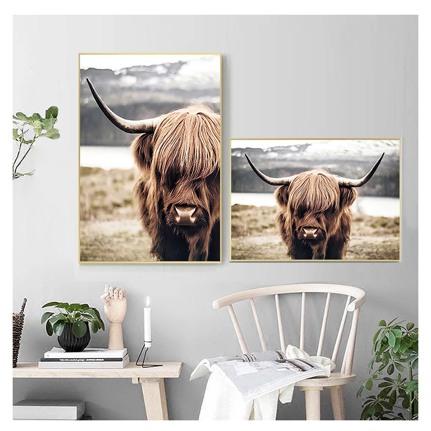 Живопись скота плакаты и печать Нордические скандинавские Cuadros Wall Art Picture для гостиной высокогорный бык дикие животные холст.