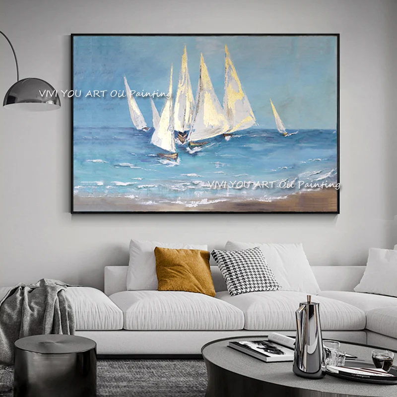 

Handmade Abstract Landscape Sea Sailboat Oil Painting Canvas Wall Artwork Poster Square Modular Picture Nordic Home Decoration