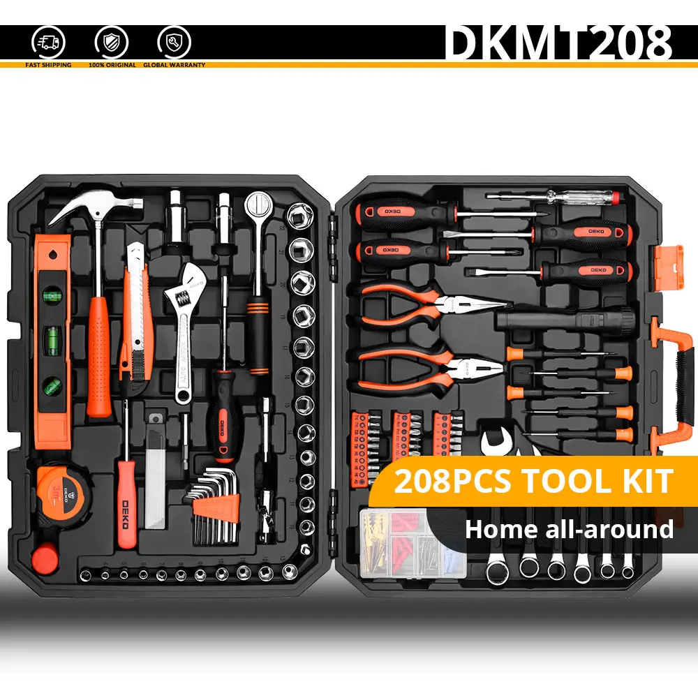 DKMT208 Набор ручных инструментов DEKO, универсальный набор ручных инструментов для домашнего ремонта с пластиковым ящиком для инструментов, чехол для хранения, торцевой ключ, отвертка, нож - Цвет: DKMT208