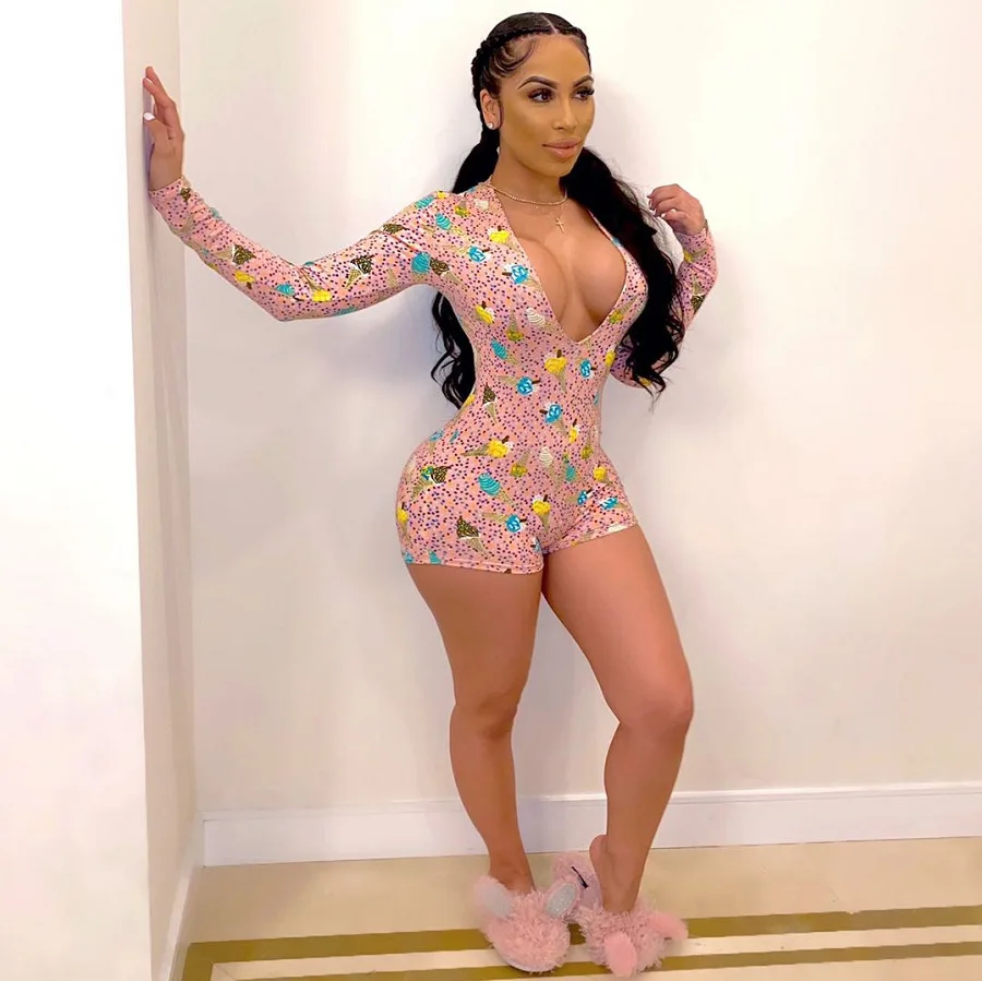 

2020 New Sexy Women Fashion Printed Short Bodysuit Deep V Neck Jumpsuit Long Sleeve Sexy Romper Pants Women Cotton Bodysuit Hot