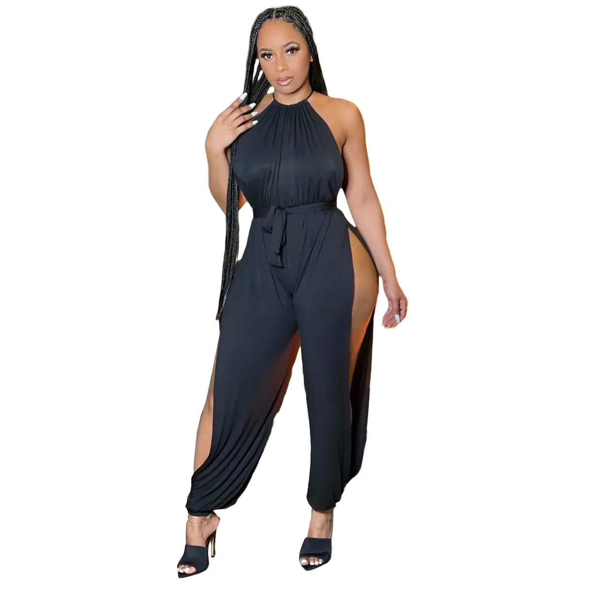 

Slit Jumpsuit Women's Summer Solid Color Suspenders Sexy Trousers Sleeveless Sashes One Piece Full Length (including Waist Tie)