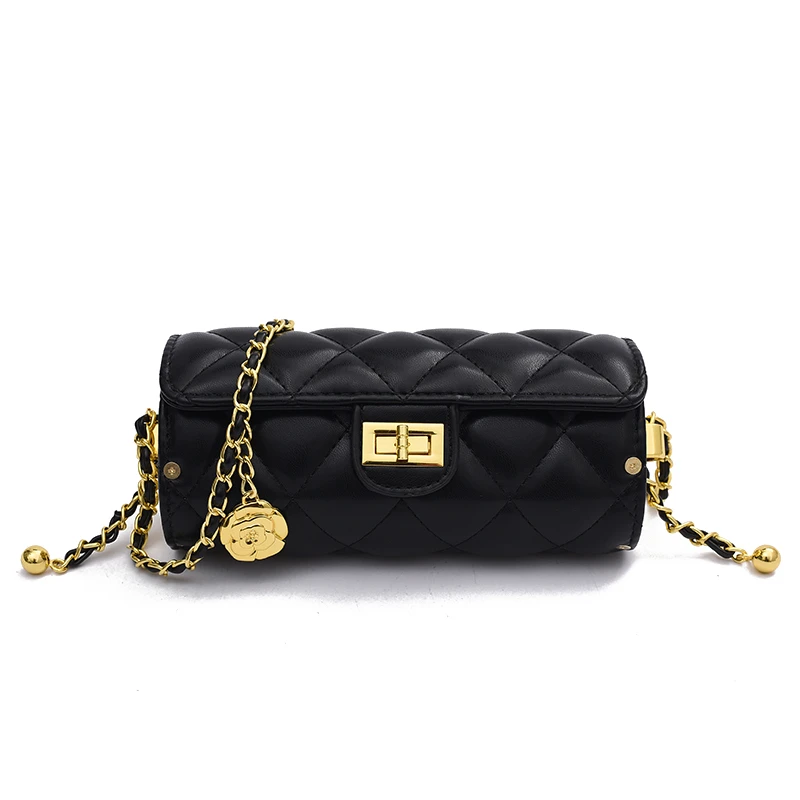 

Exquisite Black Quilted Small Cylinder Shoulder Bag Women Trendy Chain Crossbody Purse for Phone Female Mini Messenger Handbag