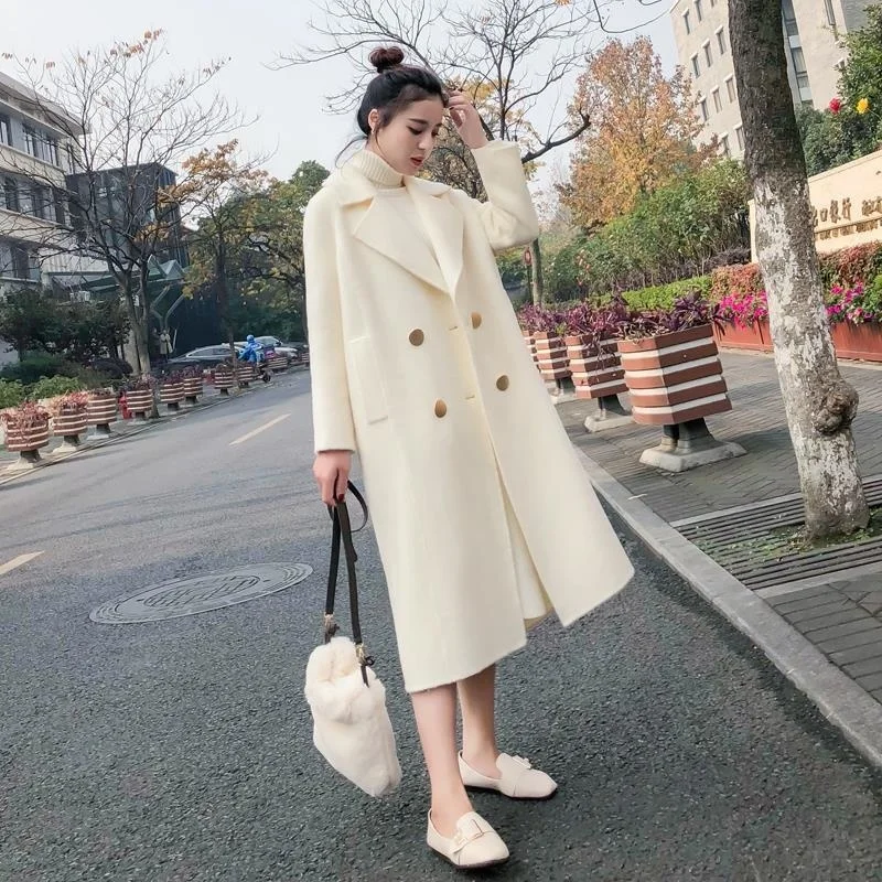 Vintage Sweet Female Overcoat Cashmere Coats Womens Loose Windbreakers Korean Autumn Trench Long White Coat For Women | Женская одежда