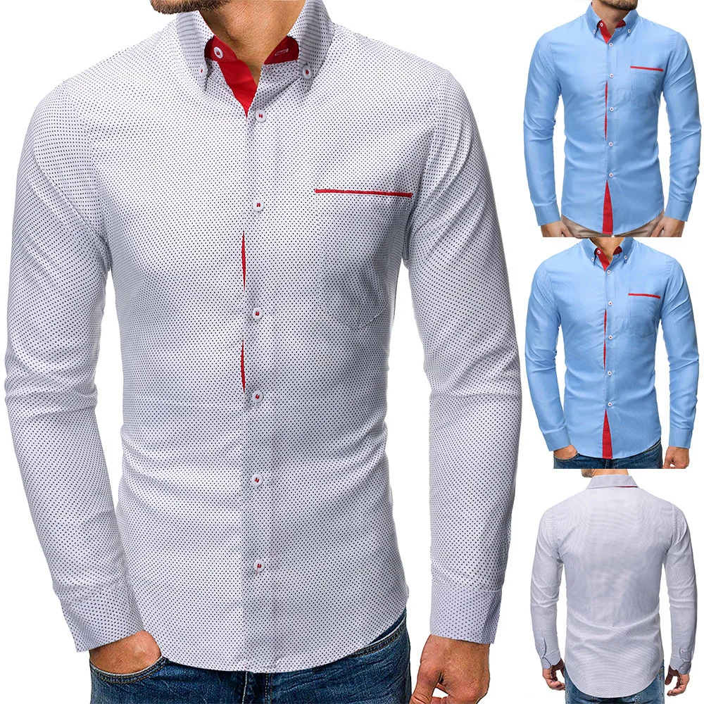 2019 Мужская модная повседневная мужская рубашка с длинными рукавами и принтом Slim